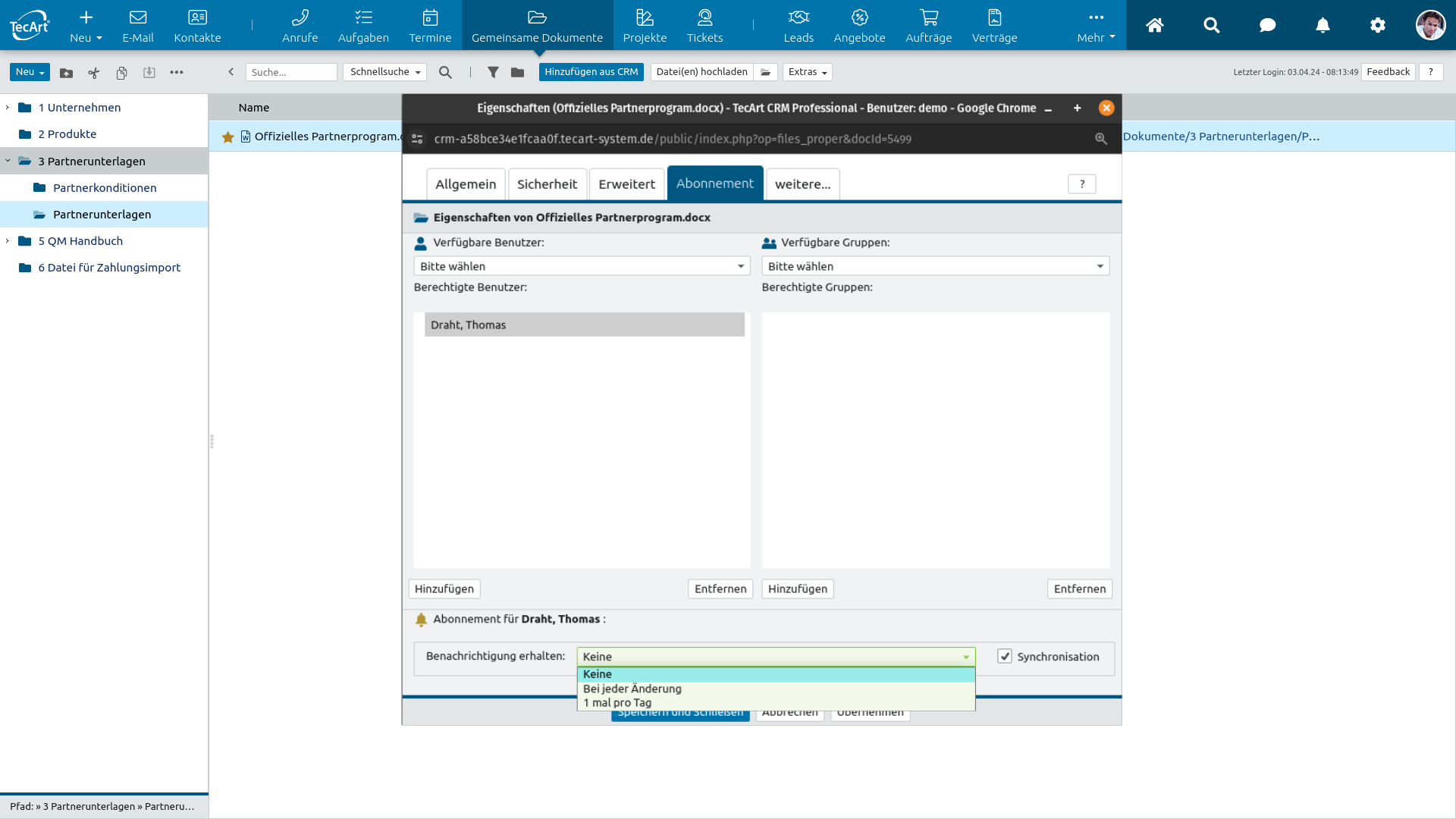 Benachrichtigung bei Änderungen am Dokument